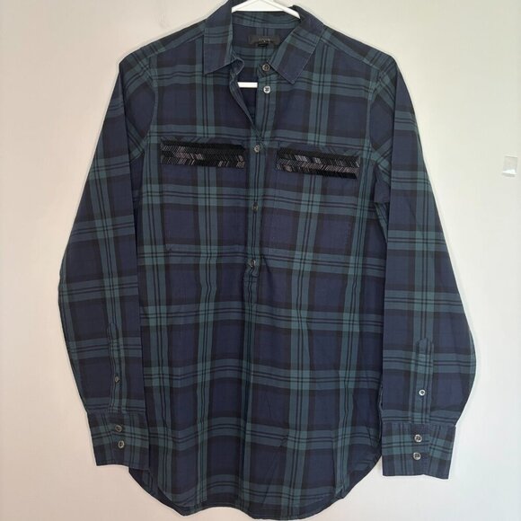 JCREW Beaded Popover Top Women 2 Green Blue Plaid Long Sleeve Flap Pocket - Picture 3 of 5
